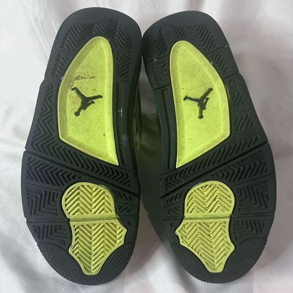 Suede Jordan 4’s Big Kid’s Sz. 4.5y charcoal grey and volt colorway